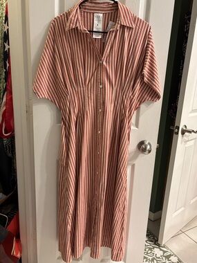 Serra Coral and Cream Striped Maxi Shirt Dress